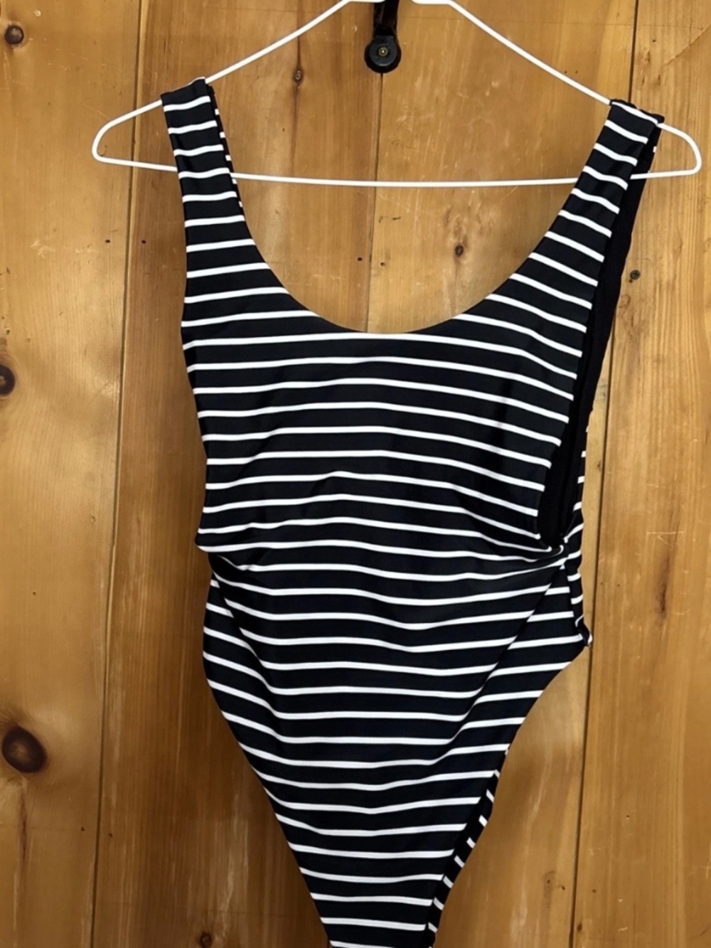 Aerie Womens small Striped One Piece Swimsuit Black White High Cut Open Back
